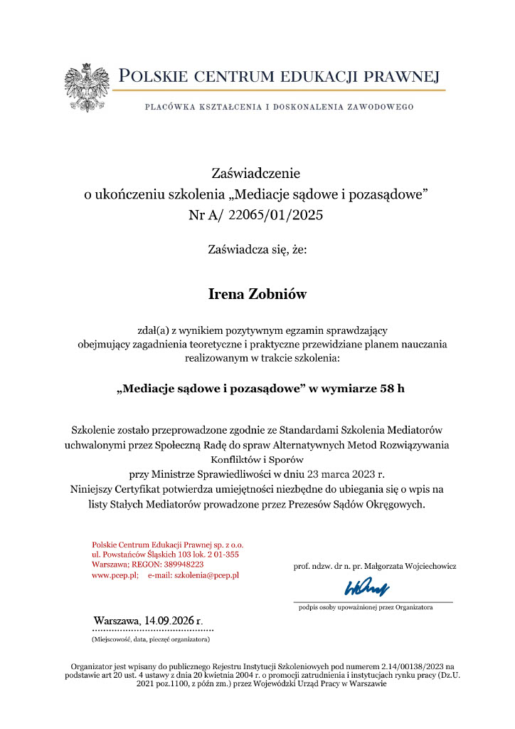 Zaświadczenie ukończenia szkolenia Mediacje sądowe i pozasądowe – Irena Zobniów
